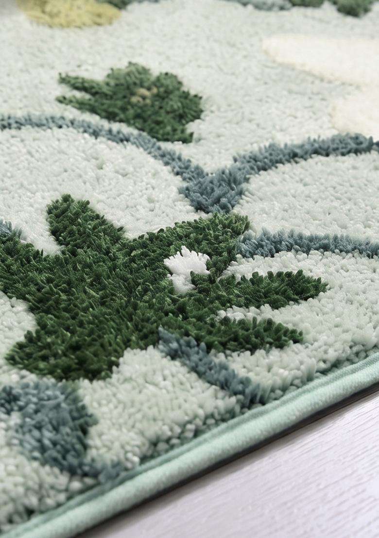 Saffron Rugs Hand Tufted Cotton Bath Mat | Sage Green Rectangular | Anti Slip Backing | Cottage Floral Bathroom Rug - Indya