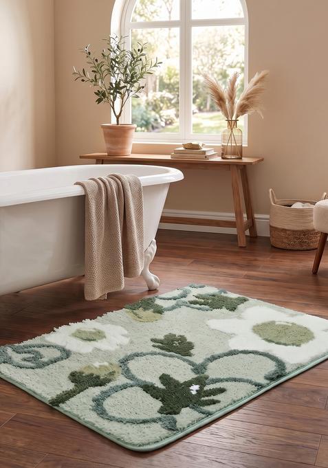 Saffron Rugs Hand Tufted Cotton Bath Mat | Sage Green Rectangular | Anti Slip Backing | Cottage Floral Bathroom Rug