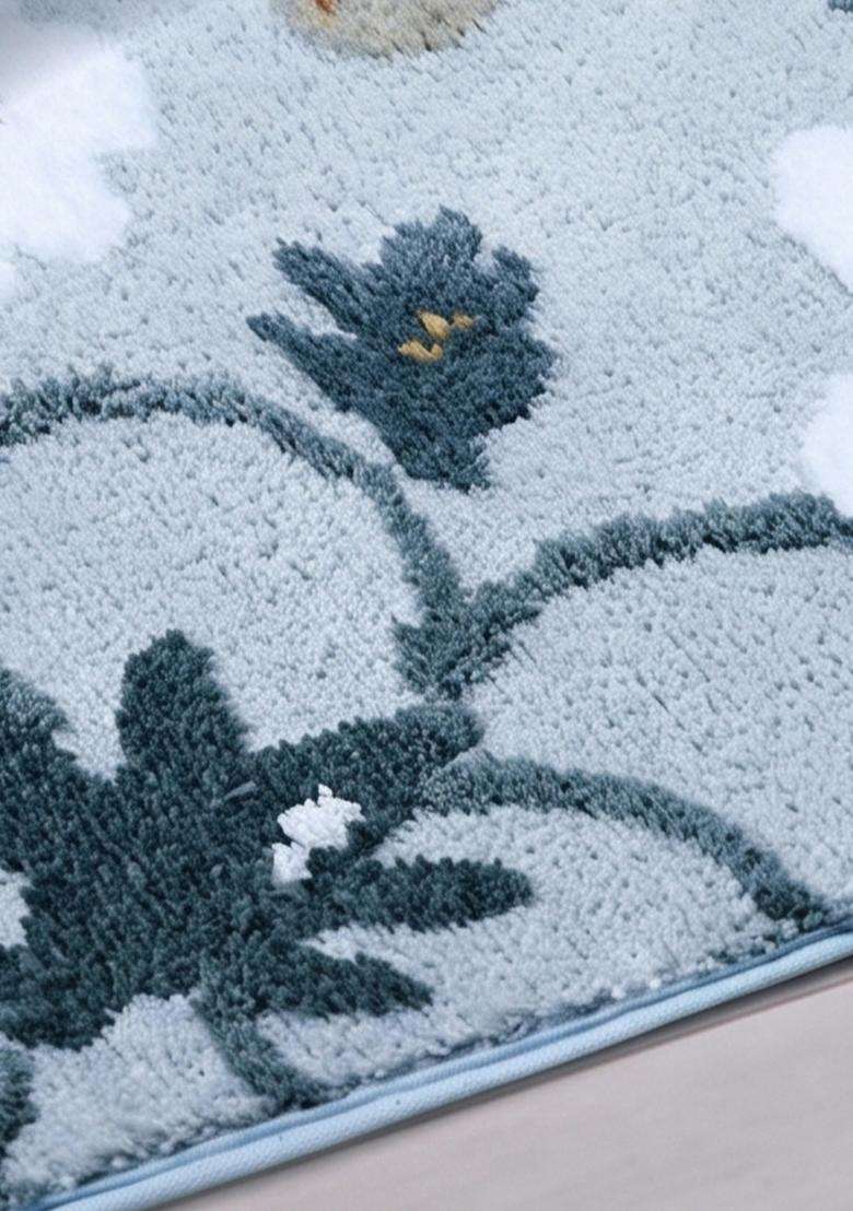 Saffron Rugs Hand Tufted Cotton Bath Mat | Light Blue Grey Rectangular | Anti Slip Backing | Cottage Floral Bathroom Rug - Indya