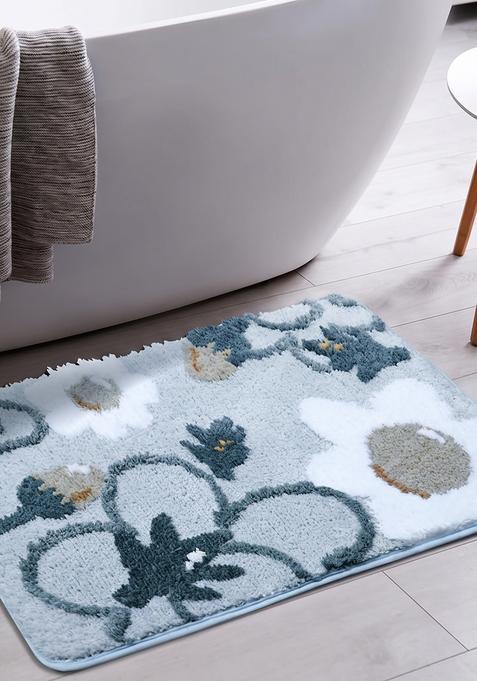 Saffron Rugs Hand Tufted Cotton Bath Mat | Light Blue Grey Rectangular | Anti Slip Backing | Cottage Floral Bathroom Rug