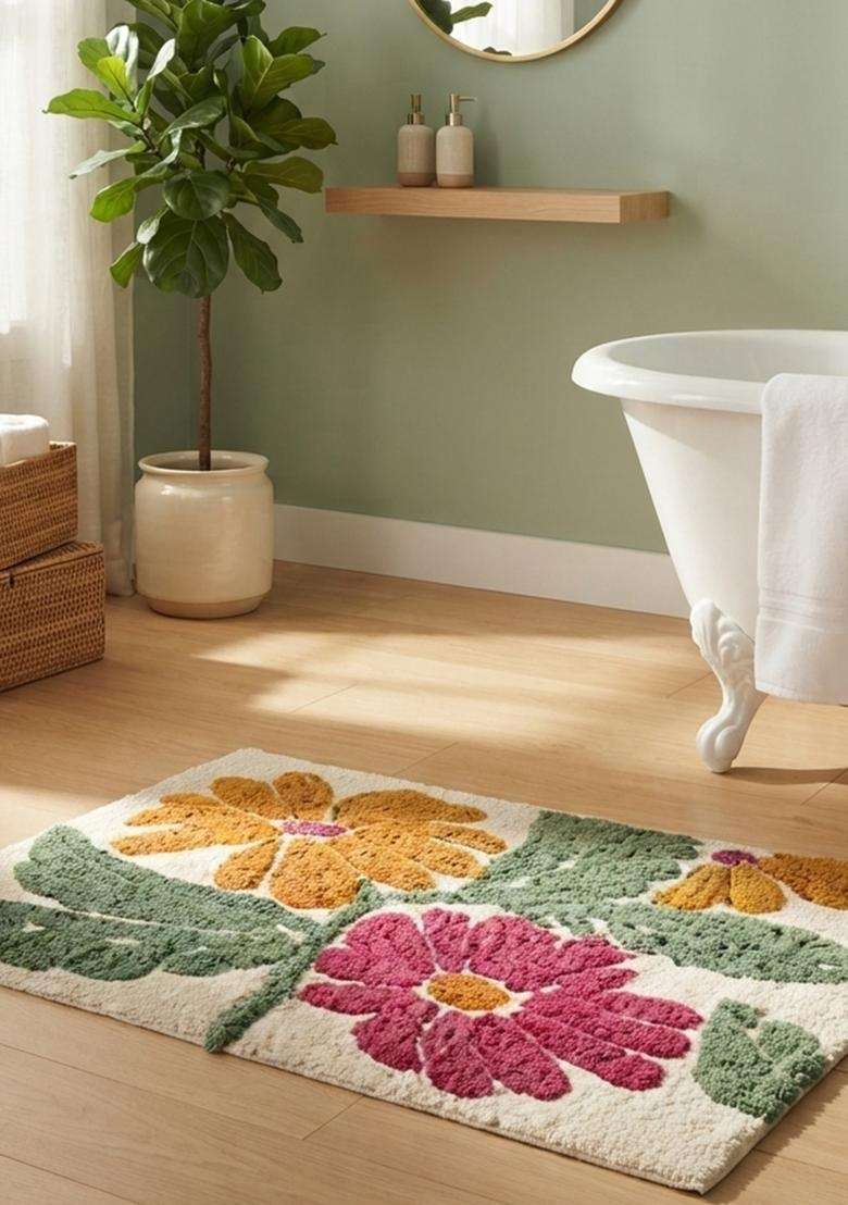 Saffron Rugs Hand Tufted Cotton Bath Mat | Multicolor Rectangular | Anti Slip Backing | Bohemian Floral Bathroom Rug - Indya