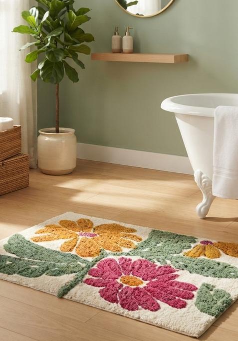 Saffron Rugs Hand Tufted Cotton Bath Mat | Multicolor Rectangular | Anti Slip Backing | Bohemian Floral Bathroom Rug