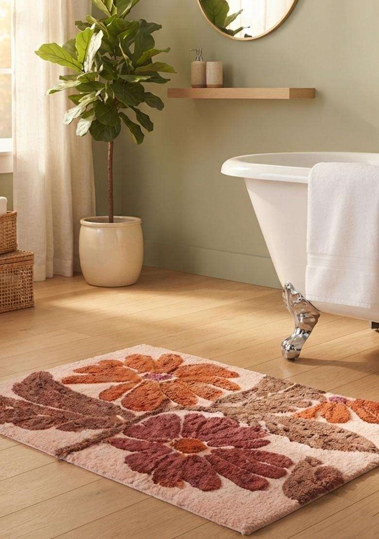 Saffron Rugs Hand Tufted Cotton Bath Mat | Blush Pink Rectangular | Anti Slip Backing | Bohemian Floral Bathroom Rug - Indya