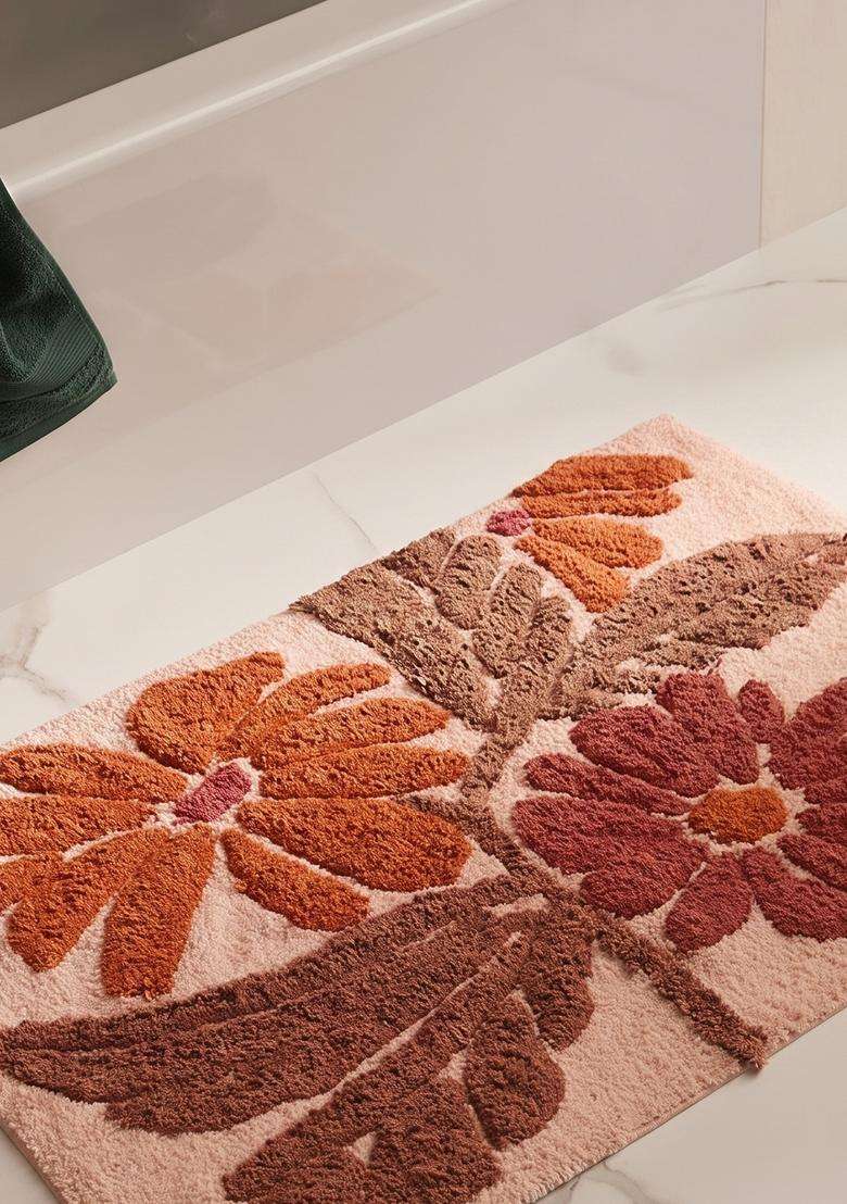Saffron Rugs Hand Tufted Cotton Bath Mat | Blush Pink Rectangular | Anti Slip Backing | Bohemian Floral Bathroom Rug - Indya