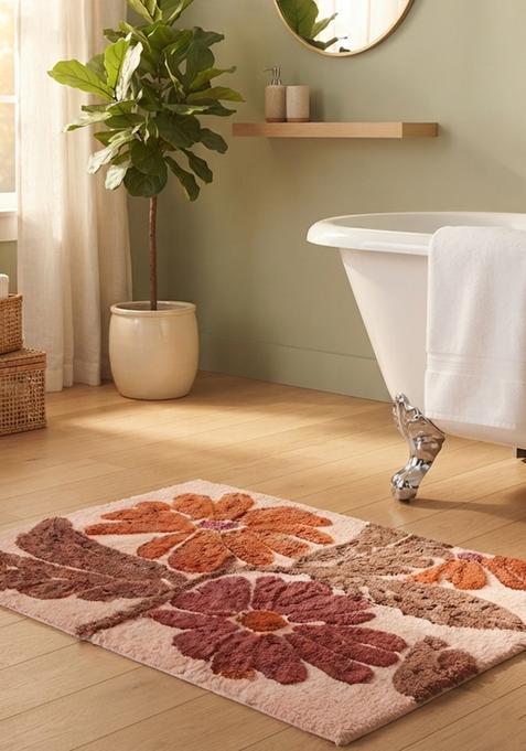 Saffron Rugs Hand Tufted Cotton Bath Mat | Blush Pink Rectangular | Anti Slip Backing | Bohemian Floral Bathroom Rug
