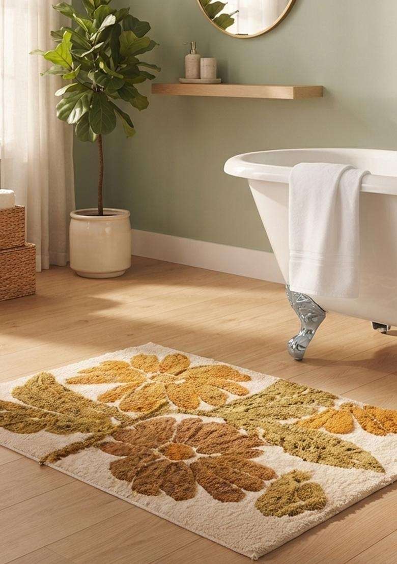 Saffron Rugs Hand Tufted Cotton Bath Mat | Mustard Gold Rectangular | Anti Slip Backing | Bohemian Floral Bathroom Rug - Indya