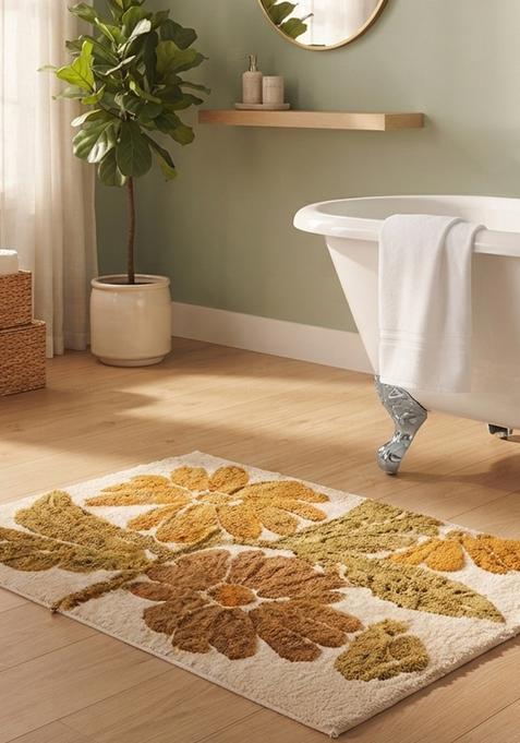 Saffron Rugs Hand Tufted Cotton Bath Mat | Mustard Gold Rectangular | Anti Slip Backing | Bohemian Floral Bathroom Rug
