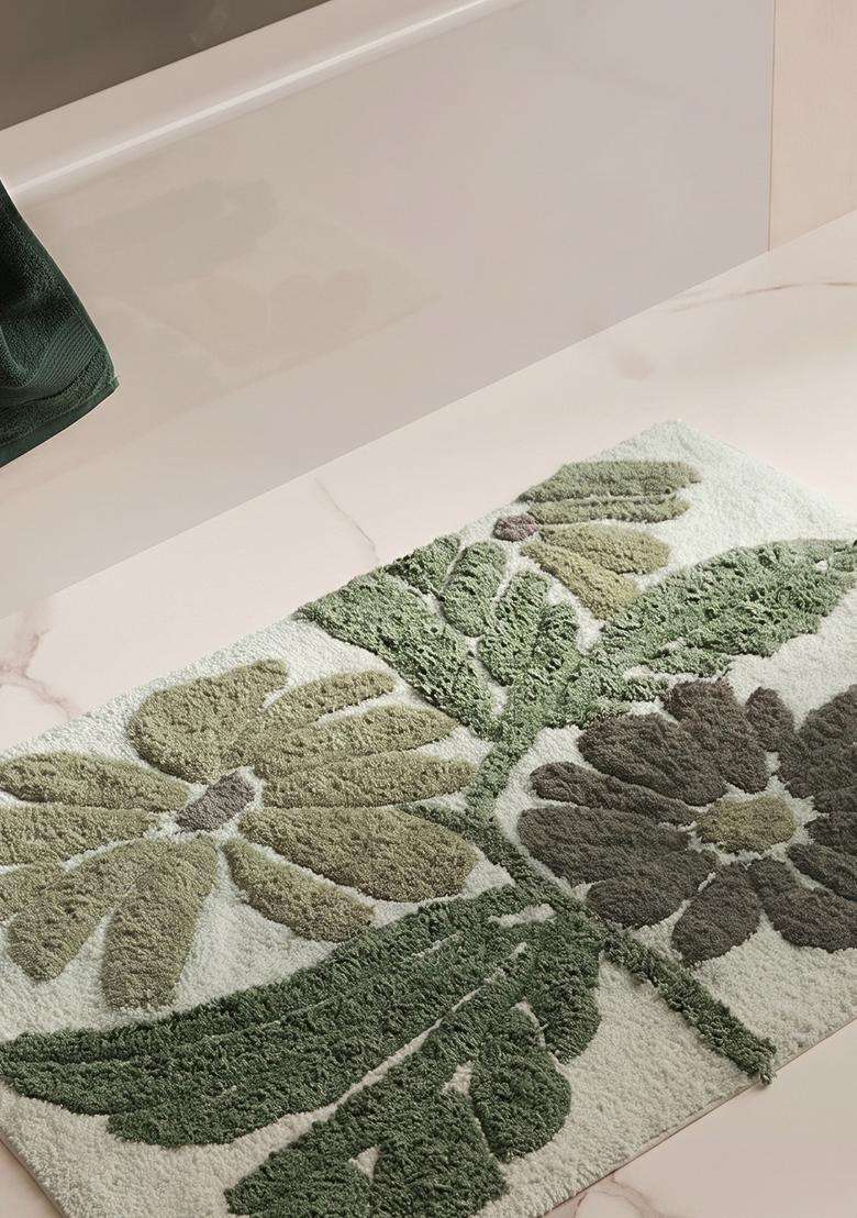 Saffron Rugs Hand Tufted Cotton Bath Mat | Sage Green Rectangular | Anti Slip Backing | Bohemian Floral Bathroom Rug - Indya