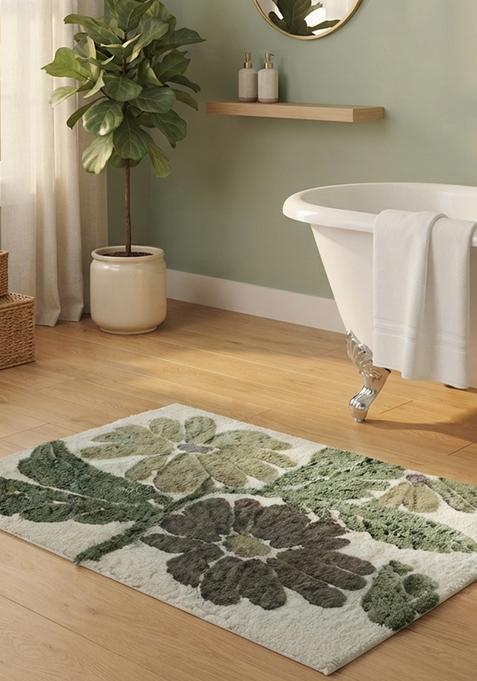 Saffron Rugs Hand Tufted Cotton Bath Mat | Sage Green Rectangular | Anti Slip Backing | Bohemian Floral Bathroom Rug