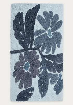 Saffron Rugs Hand Tufted Cotton Bath Mat | Light Blue Rectangular | Anti Slip Backing | Bohemian Floral Bathroom Rug