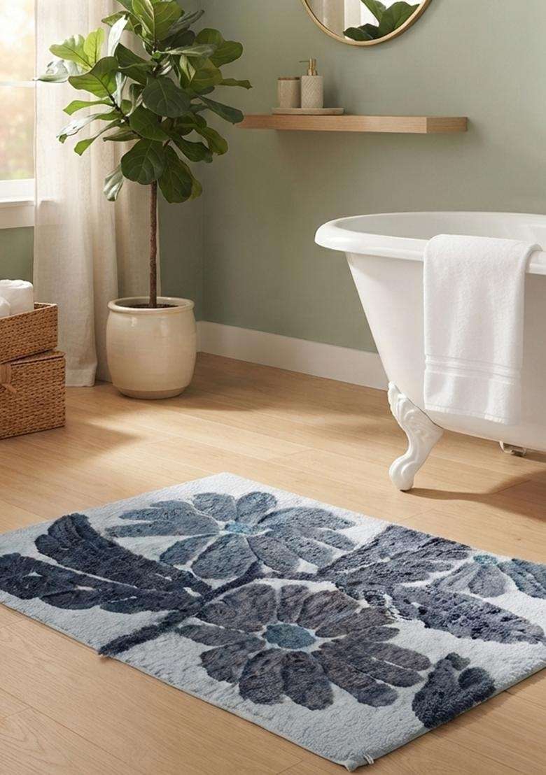 Saffron Rugs Hand Tufted Cotton Bath Mat | Light Blue Rectangular | Anti Slip Backing | Bohemian Floral Bathroom Rug - Indya