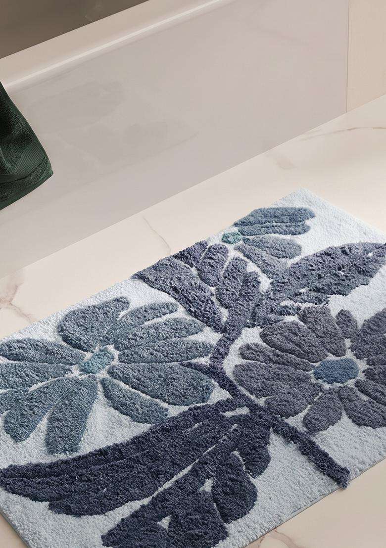 Saffron Rugs Hand Tufted Cotton Bath Mat | Light Blue Rectangular | Anti Slip Backing | Bohemian Floral Bathroom Rug - Indya