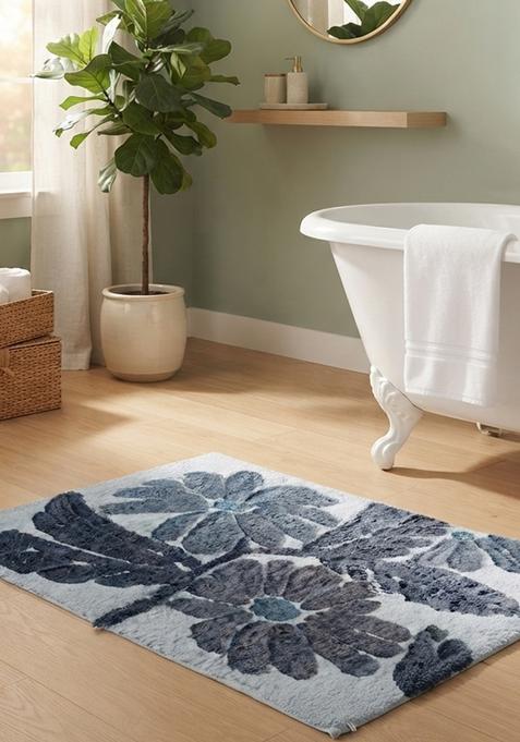 Saffron Rugs Hand Tufted Cotton Bath Mat | Light Blue Rectangular | Anti Slip Backing | Bohemian Floral Bathroom Rug