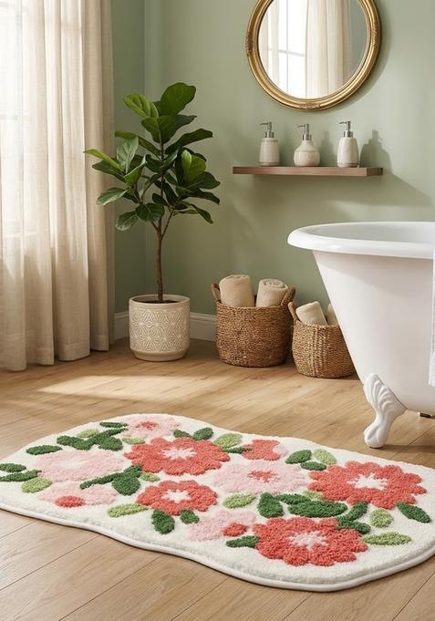 Saffron Rugs Hand Tufted Cotton Bath Mat | Coral Pink White Scalloped | Anti Slip Backing | Shabby Chic Floral Bathroom Rug