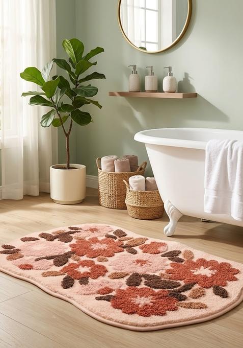 Saffron Rugs Hand Tufted Cotton Bath Mat | Blush Pink Scalloped | Anti Slip Backing | Shabby Chic Floral Bathroom Rug