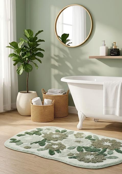 Saffron Rugs Hand Tufted Cotton Bath Mat | Mint Green Scalloped | Anti Slip Backing | Shabby Chic Floral Bathroom Rug