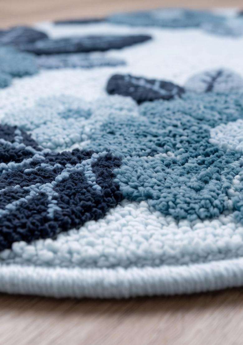 Saffron Rugs Hand Tufted Cotton Bath Mat | Blue Grey White Scalloped | Anti Slip Backing | Shabby Chic Floral Bathroom Rug - Indya