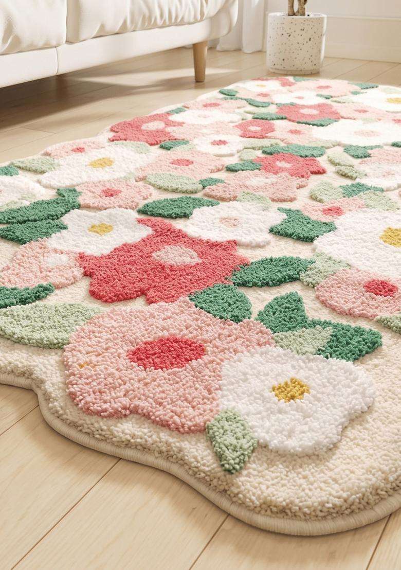 Saffron Rugs Hand Tufted Cotton Bath Mat | Cream Pink Multicolor Scalloped | Anti Slip Backing | Shabby Chic Floral Bathroom Rug - Indya
