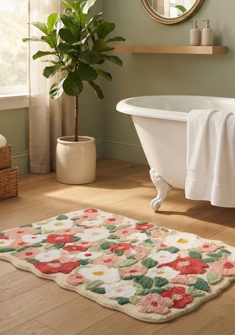 Saffron Rugs Hand Tufted Cotton Bath Mat | Cream Pink Multicolor Scalloped | Anti Slip Backing | Shabby Chic Floral Bathroom Rug