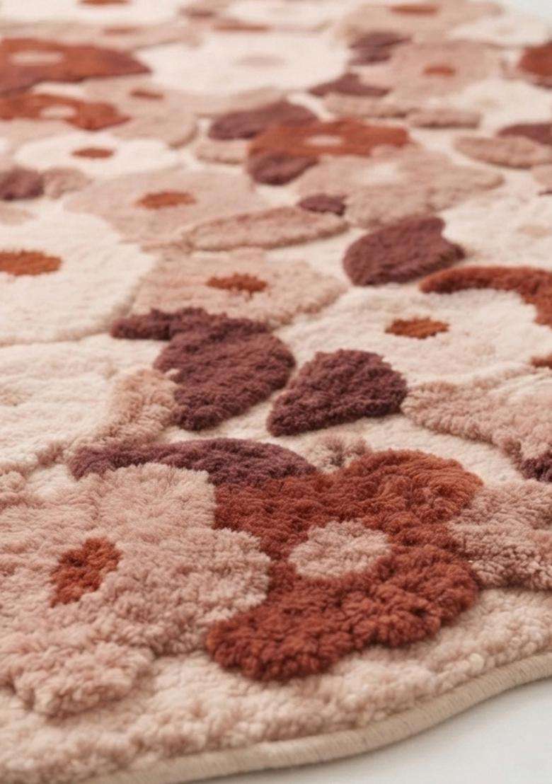 Saffron Rugs Hand Tufted Cotton Bath Mat | Blush Pink Scalloped | Anti Slip Backing | Shabby Chic Floral Bathroom Rug - Indya