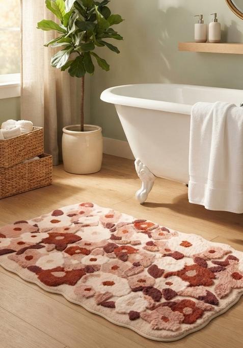 Saffron Rugs Hand Tufted Cotton Bath Mat | Blush Pink Scalloped | Anti Slip Backing | Shabby Chic Floral Bathroom Rug