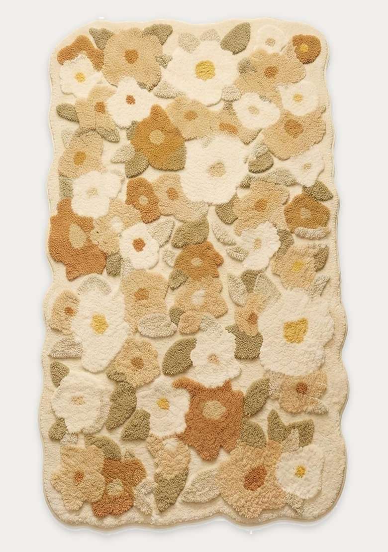 Saffron Rugs Hand Tufted Cotton Bath Mat | Cream Beige Scalloped | Anti Slip Backing | Shabby Chic Floral Bathroom Rug - Indya