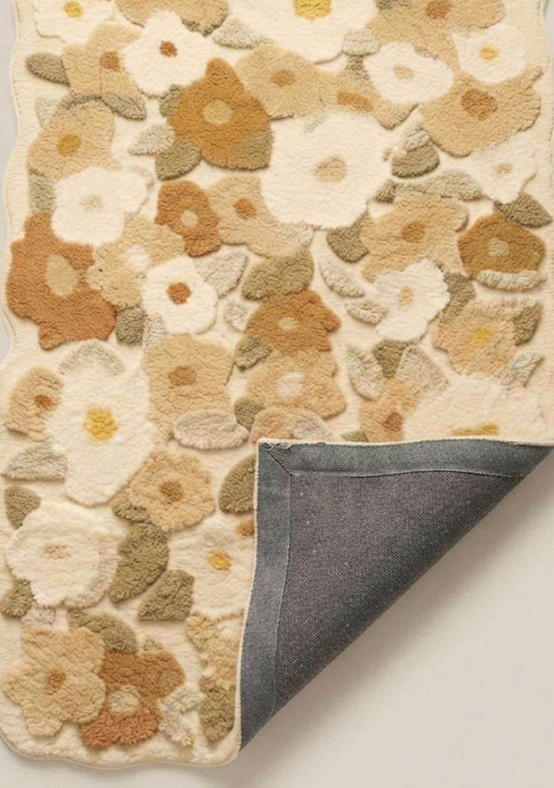 Saffron Rugs Hand Tufted Cotton Bath Mat | Cream Beige Scalloped | Anti Slip Backing | Shabby Chic Floral Bathroom Rug - Indya