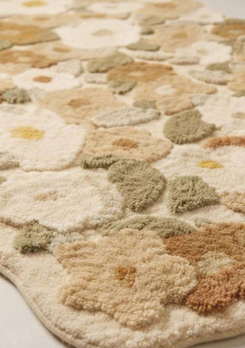 Saffron Rugs Hand Tufted Cotton Bath Mat | Cream Beige Scalloped | Anti Slip Backing | Shabby Chic Floral Bathroom Rug - Indya
