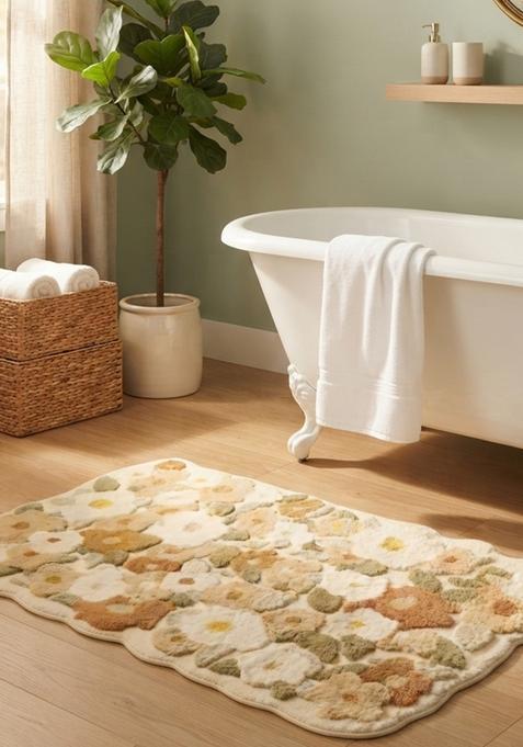 Saffron Rugs Hand Tufted Cotton Bath Mat | Cream Beige Scalloped | Anti Slip Backing | Shabby Chic Floral Bathroom Rug