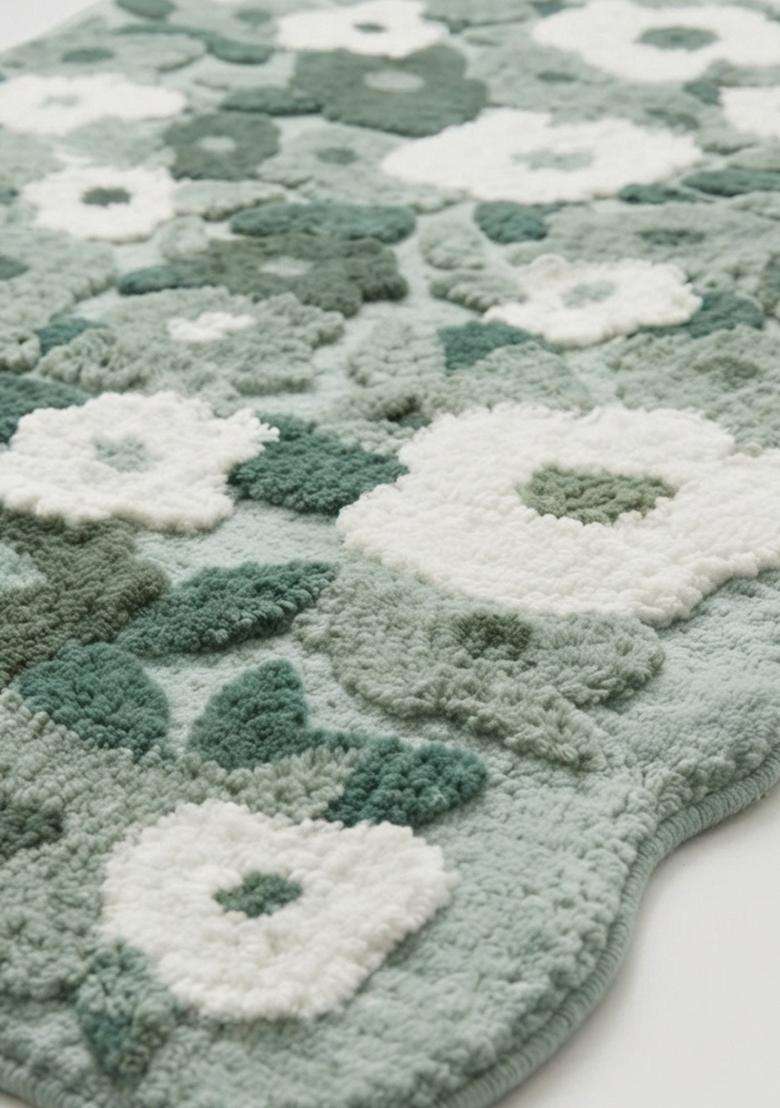 Saffron Rugs Hand Tufted Cotton Bath Mat | Sage Green Scalloped | Anti Slip Backing | Shabby Chic Floral Bathroom Rug - Indya
