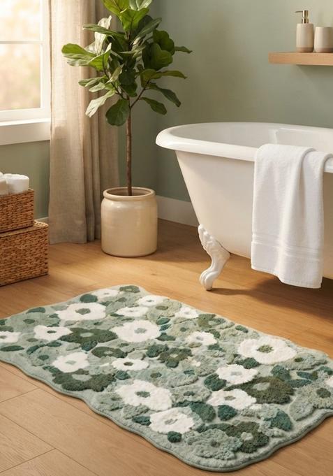 Saffron Rugs Hand Tufted Cotton Bath Mat | Sage Green Scalloped | Anti Slip Backing | Shabby Chic Floral Bathroom Rug