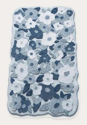 Saffron Rugs Hand Tufted Cotton Bath Mat | Dusty Blue Scalloped | Anti Slip Backing | Shabby Chic Floral Bathroom Rug