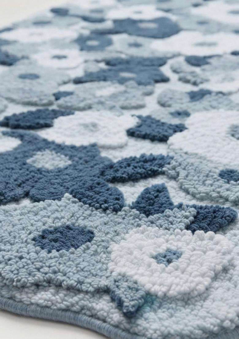 Saffron Rugs Hand Tufted Cotton Bath Mat | Dusty Blue Scalloped | Anti Slip Backing | Shabby Chic Floral Bathroom Rug - Indya