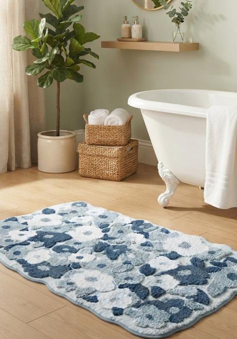 Saffron Rugs Hand Tufted Cotton Bath Mat | Dusty Blue Scalloped | Anti Slip Backing | Shabby Chic Floral Bathroom Rug