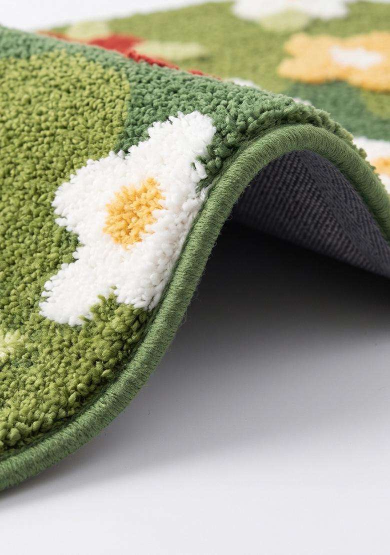 Saffron Rugs Hand Tufted Cotton Bath Mat | Green Oblong | Anti Slip Backing | Cottage Floral Bathroom Rug - Indya