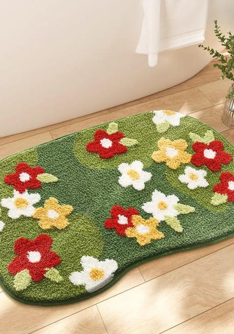 Saffron Rugs Hand Tufted Cotton Bath Mat | Green Oblong | Anti Slip Backing | Cottage Floral Bathroom Rug