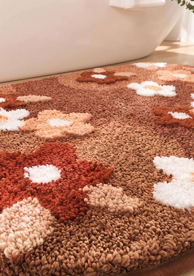 Saffron Rugs Hand Tufted Cotton Bath Mat | Brown Oblong | Anti Slip Backing | Cottage Floral Bathroom Rug - Indya