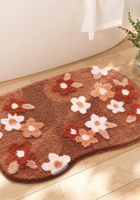 Saffron Rugs Hand Tufted Cotton Bath Mat | Brown Oblong | Anti Slip Backing | Cottage Floral Bathroom Rug
