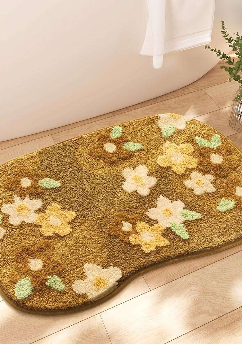 Saffron Rugs Hand Tufted Cotton Bath Mat | Olive Yellow Oblong | Anti Slip Backing | Cottage Floral Bathroom Rug - Indya