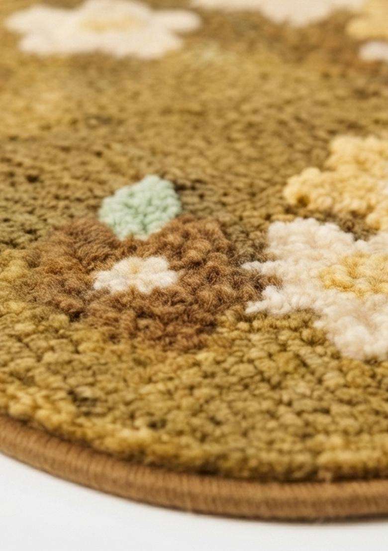 Saffron Rugs Hand Tufted Cotton Bath Mat | Olive Yellow Oblong | Anti Slip Backing | Cottage Floral Bathroom Rug - Indya