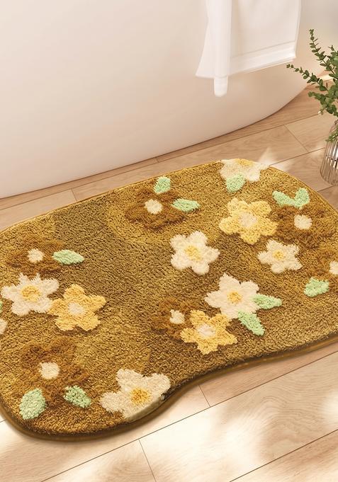 Saffron Rugs Hand Tufted Cotton Bath Mat | Olive Yellow Oblong | Anti Slip Backing | Cottage Floral Bathroom Rug