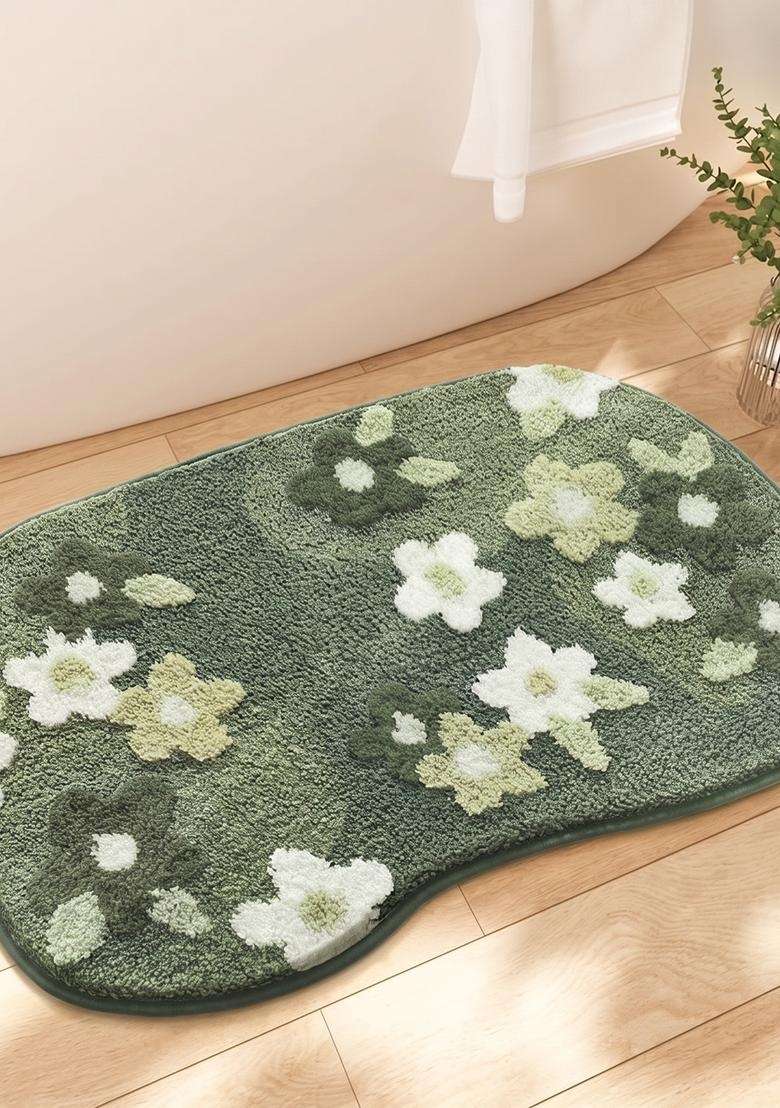 Saffron Rugs Hand Tufted Cotton Bath Mat | Dark Green Oblong | Anti Slip Backing | Cottage Floral Bathroom Rug - Indya