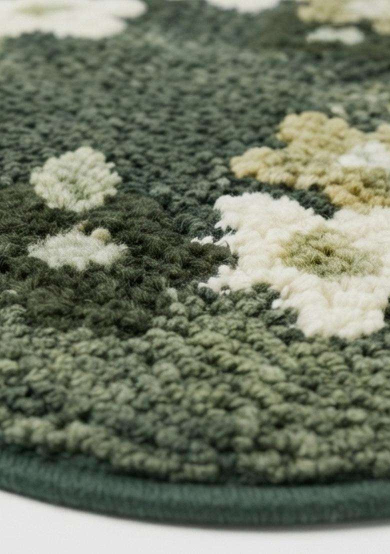 Saffron Rugs Hand Tufted Cotton Bath Mat | Dark Green Oblong | Anti Slip Backing | Cottage Floral Bathroom Rug - Indya
