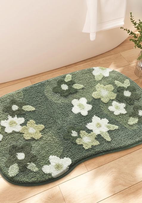 Saffron Rugs Hand Tufted Cotton Bath Mat | Dark Green Oblong | Anti Slip Backing | Cottage Floral Bathroom Rug