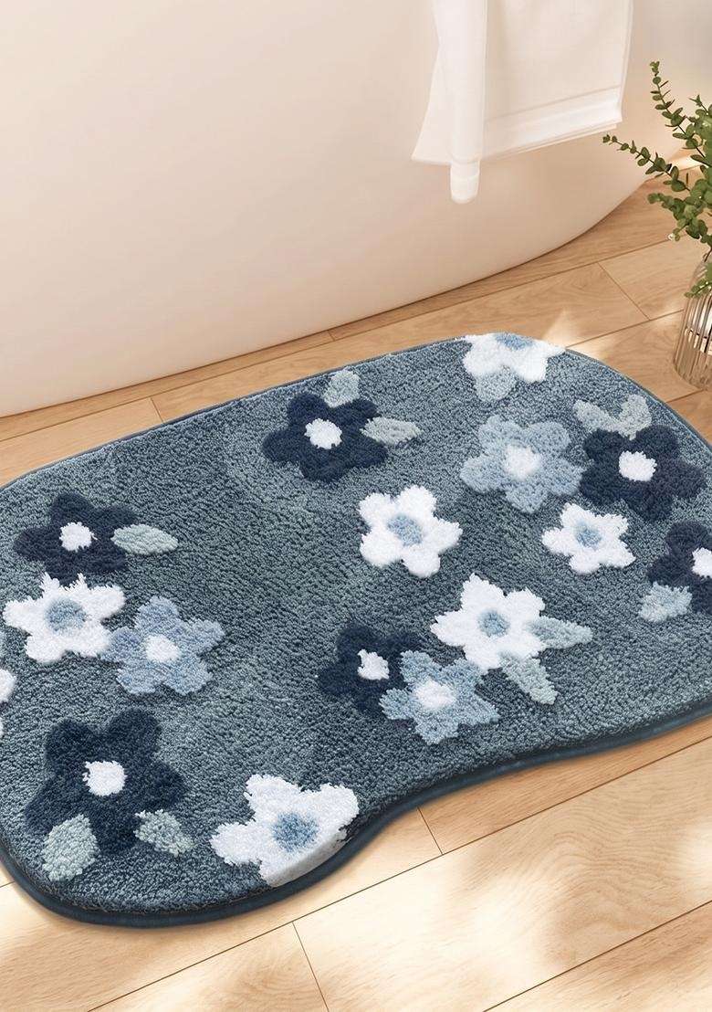 Saffron Rugs Hand Tufted Cotton Bath Mat | Steel Blue Oblong | Anti Slip Backing | Cottage Floral Bathroom Rug - Indya