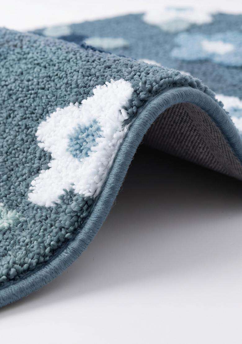 Saffron Rugs Hand Tufted Cotton Bath Mat | Steel Blue Oblong | Anti Slip Backing | Cottage Floral Bathroom Rug - Indya