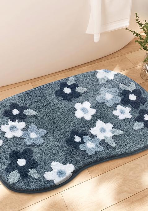 Saffron Rugs Hand Tufted Cotton Bath Mat | Steel Blue Oblong | Anti Slip Backing | Cottage Floral Bathroom Rug