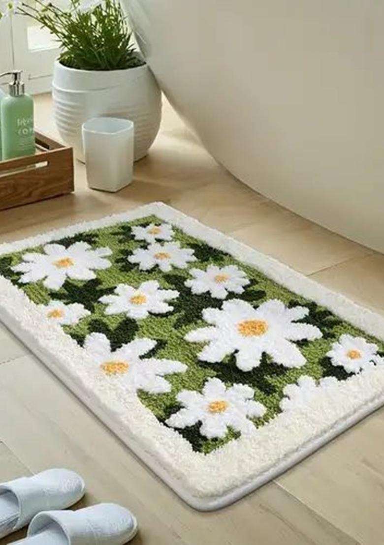 Saffron Rugs Hand Tufted Cotton Bath Mat | Green and White Rectangular | Anti Slip Backing | Casual Floral Bathroom Rug - Indya