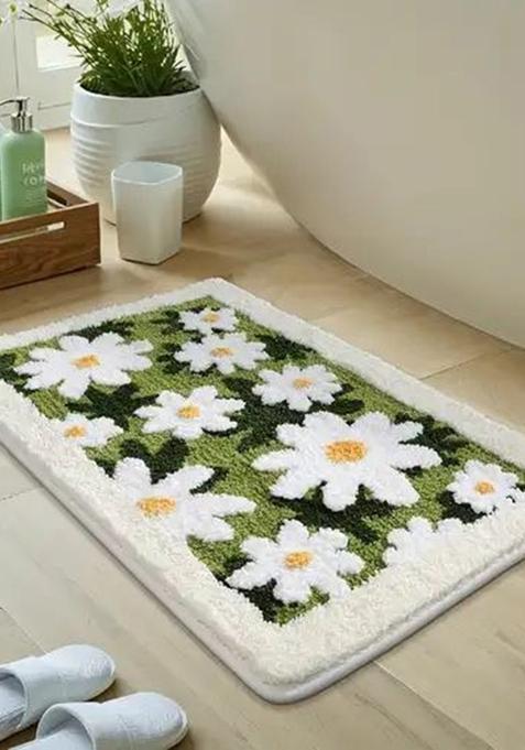 Saffron Rugs Hand Tufted Cotton Bath Mat | Green and White Rectangular | Anti Slip Backing | Casual Floral Bathroom Rug