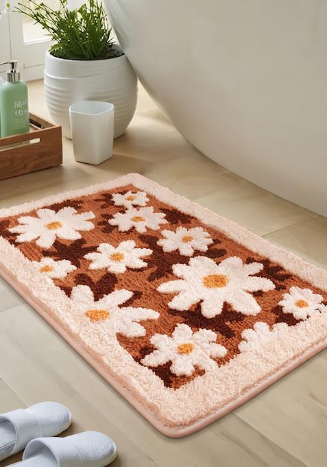 Saffron Rugs Hand Tufted Cotton Bath Mat | Brown Rectangular | Anti Slip Backing | Casual Floral Bathroom Rug